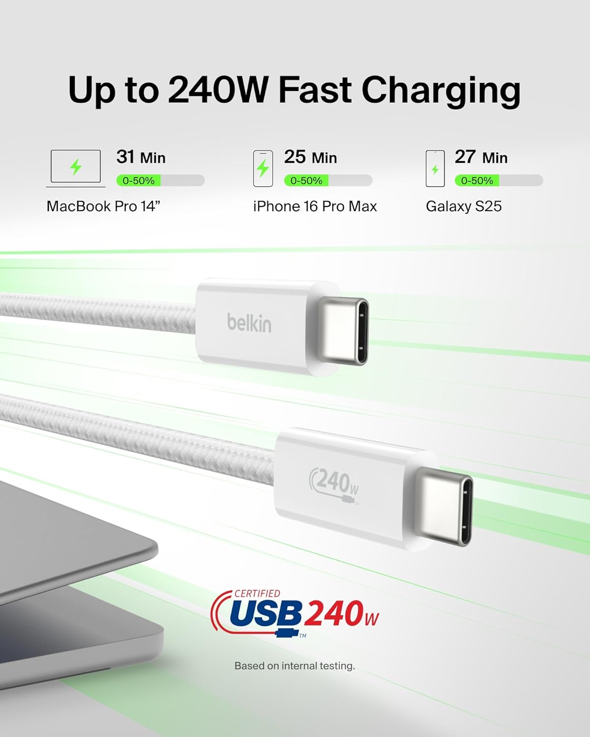 Belkin USB C to USB C Cable, 9.9ft, 240W - Type C Charger, iPhone Charger Cord, Soft, Braided, Flexible for iPhone 17, Galaxy S25, Pixel 10, MacBook, Chromebook, iPad Pro, Switch Steam Deck – White