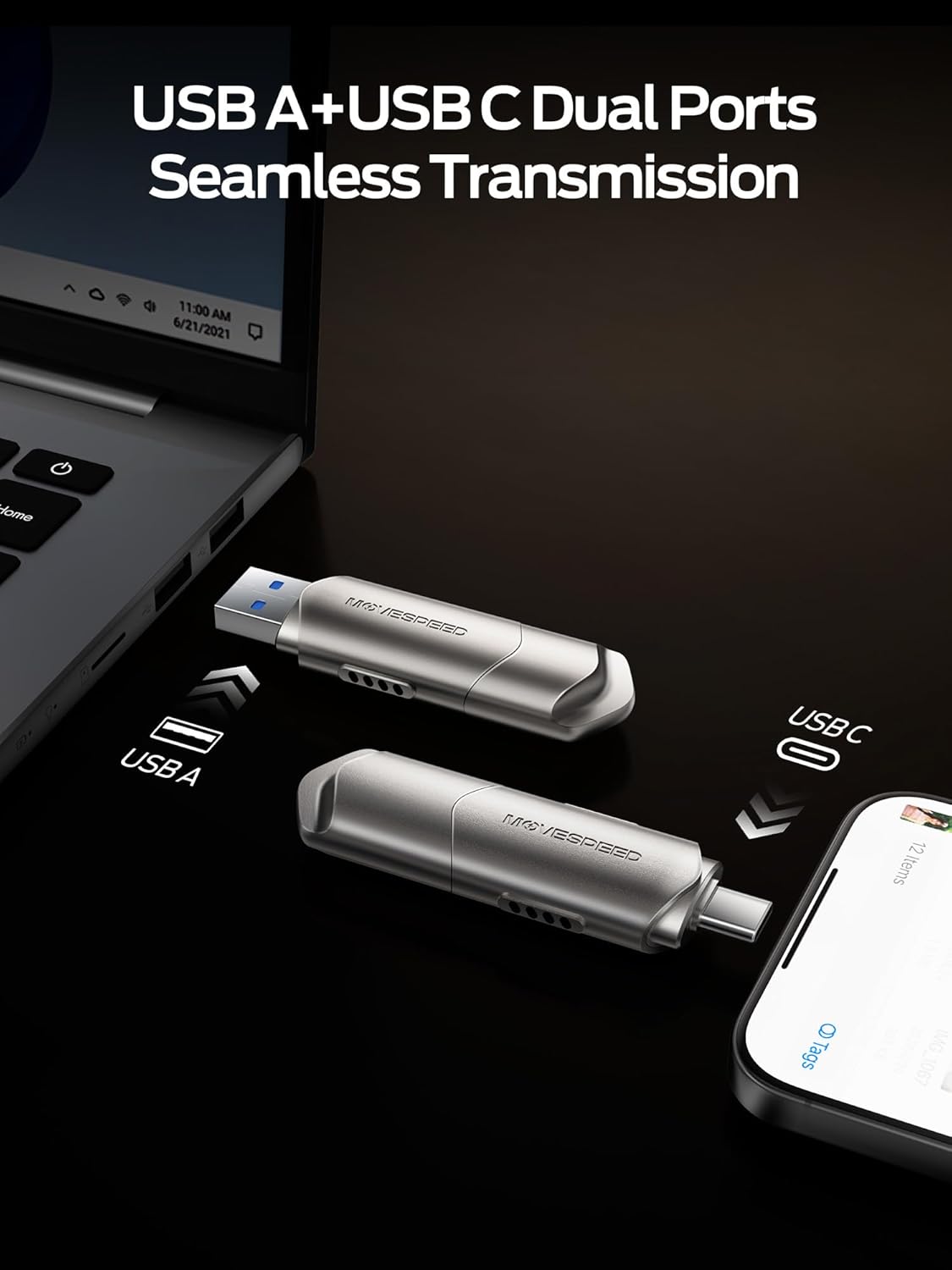 MOVE SPEED USB Drive 256GB External SSD 1000MB/s USB 3.2 Gen2+USB C Dual Ports Portable Zinc Alloy Thumb Drive Stick, External Drive with Metal Casing for iPhone 15/16/17 Series/Mac/Android Phone