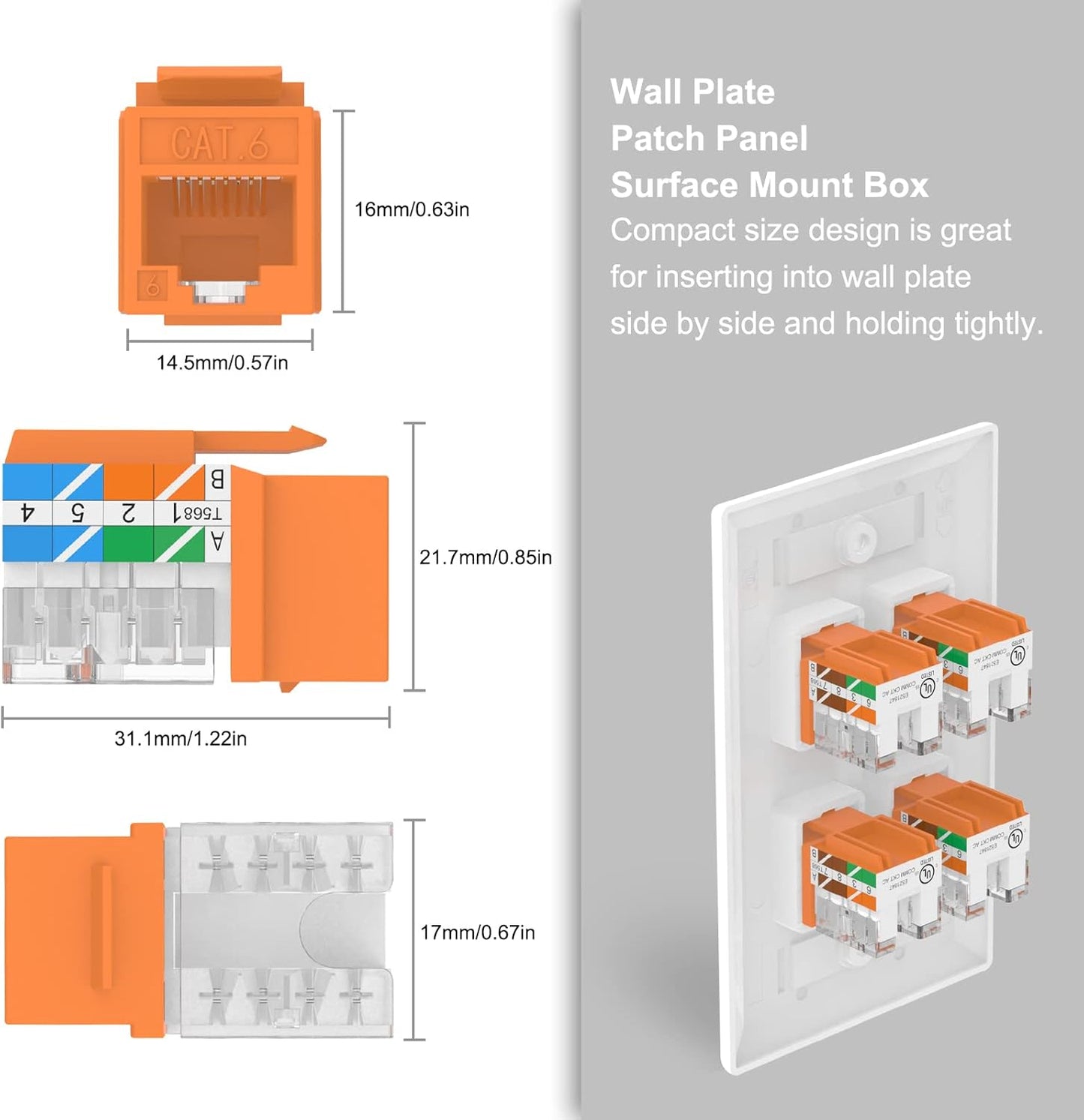 VCE UL Listed Cat6 RJ45 Keystone Jack Insert 25-Pack, 90 Degree Punch Down Keystone Jack Adapter Slim Profile Orange