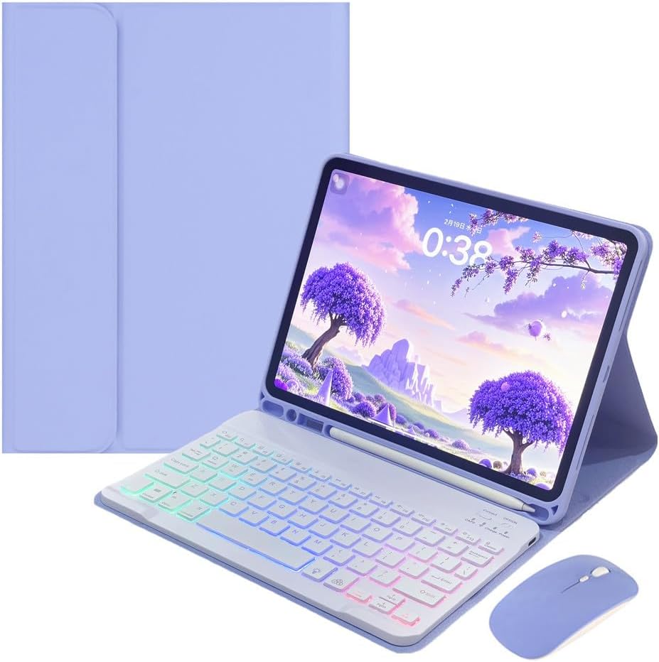 Rainbow Backlit Keyboard Case for iPad 9th / 8th / 7th Generation 10.2"/iPad Pro 10.5"/iPad Air 3rd Gen with Mouse and Backlight Detachable Bluetooth Keyboard Cover,Purple