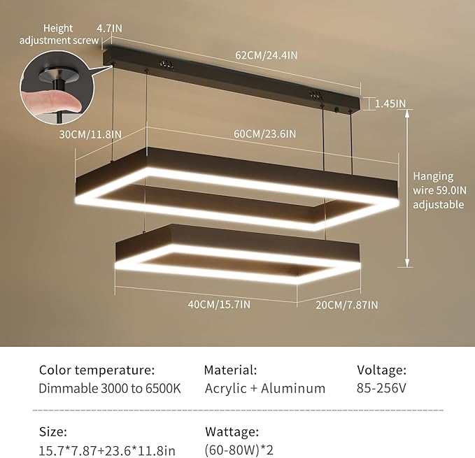 Modern Pendant Light Fixture, LED Black Chandelier for Kitchen Island, 2 Layer Rectangle Adjustable Height, Dimmable 3000K-6500K Ceiling Hanging Light for Dining Room Table, Bedroom, Living Room