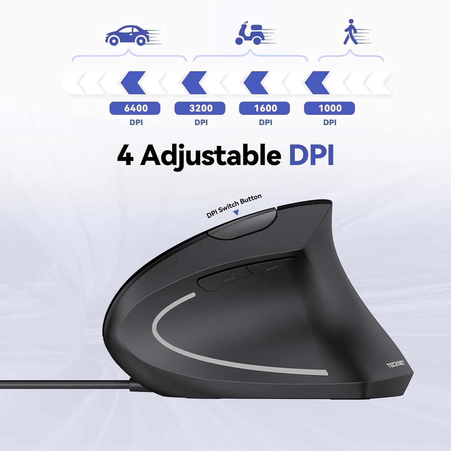 TECKNET Wired Mouse, 6400 DPI Ergonomic Mouse 6 Buttons Silent Mouse 4 Adjustable DPI Vertical Mouse Compatible with Windows/Chrome/Laptop/Computer