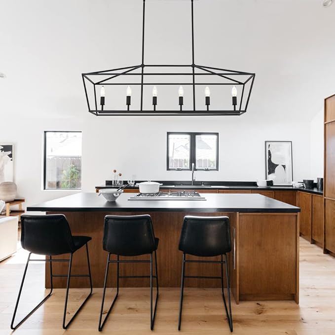 6-Lights Kitchen Island Pendant Lighting in Black Finish, 42-Inches Width Farmhouse Light Fixtures Ceiling Hanging for Dining Room Pool Table