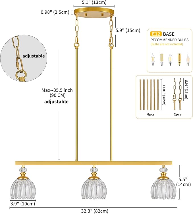 Gold Island Light for Kitchen, 3-Light Linear Chandelier for Kitchen Island with Tulip Glass Shades, Brushed Gold Finish Hanging Light Pendant Fixture Over Dining Table