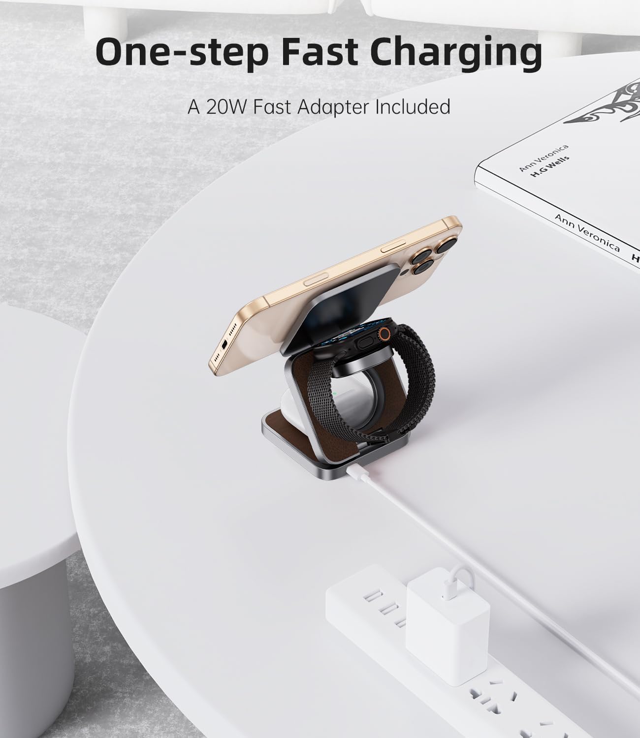 Foldable Magnetic Wireless Charger, KU XIU X40 Aluminum Alloy 3 in 1 Charging Station for Apple, Fast Charging Travel Charger for iPhone 16 15 14 13, 5W for Apple Watch Ultra, AirPods, Leather Texture