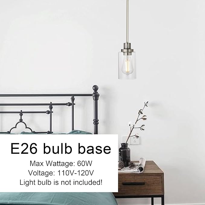 MELUCEE 2-Pack Pendant Light Brushed Nickel Adjustable Hanging Light Fixtures Ceiling with Clear Glass Shade, Set of Two Mini Pendant Lighting for Kitchen Island Hallway Porch Corridor