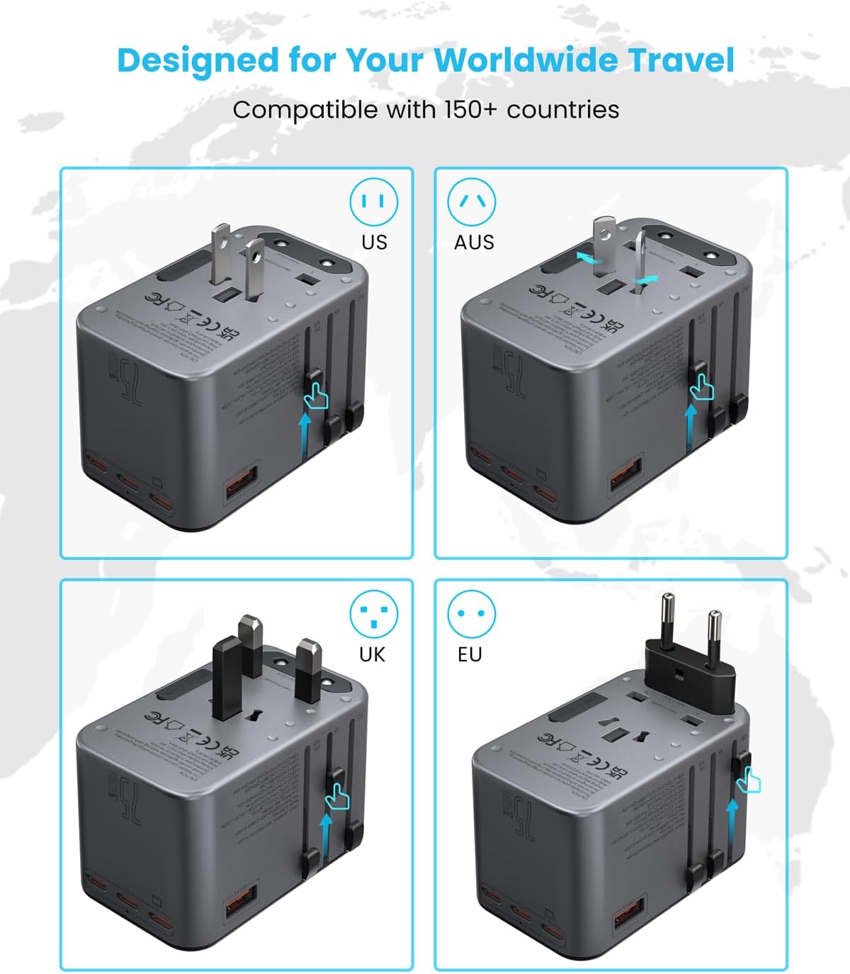 Universal Travel Adapter, VINTAR 75W GaN International Power Adapter with 3 USB C PD and 2 USB A QC, All in One Travel Essentials for UK/EU/USA/AUS, Travel Adapter Worldwide for Laptops Phones, Grey