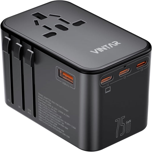 Universal Travel Adapter, VINTAR 75W GaN International Power Adapter with 3 USB C PD and 2 USB A QC, All in One Travel Essentials for UK/EU/USA/AUS, Travel Adapter Worldwide for Laptops Phones, Black