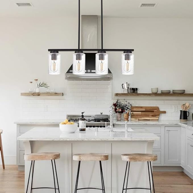 TODOLUZ Black Kitchen Island Light with Seeded Glass Shade, 4-Lights Farmhouse Chandelier Ceiling Pendant Lighting Fixture for Dining Room