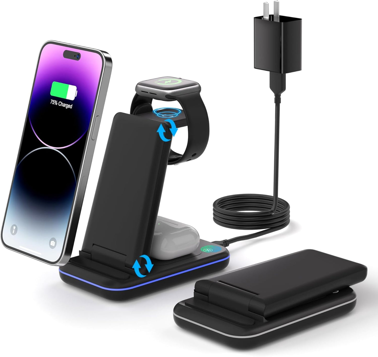 Wireless Charger for iPhone, Foldable 3 in 1 Fast Charging Station/Stand/Multi Charger for iPhone15 14 13 12 11/Xs/XR/X/8, Travel Pad for Apple Watch S8/Ultra/7/6/5/4/3/2/SE, Airpods 2/3/Pro/Pro 2