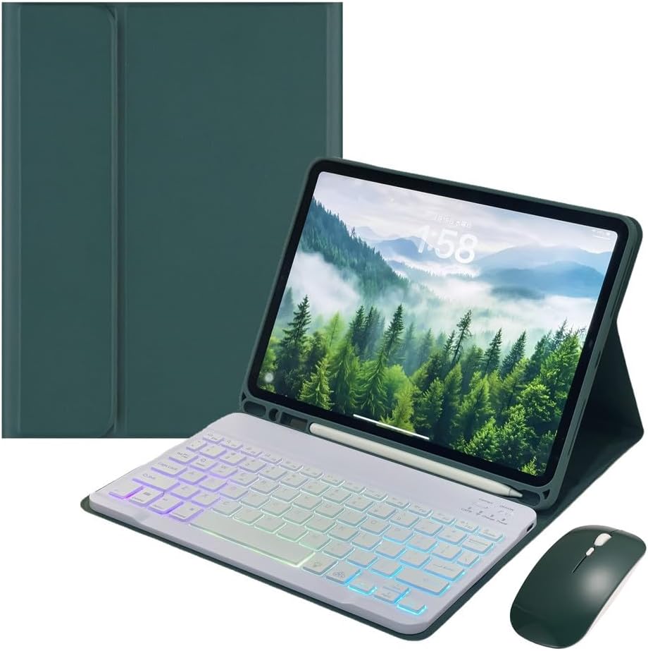 Rainbow Backlit Keyboard Case for iPad 9th / 8th / 7th Generation 10.2"/iPad Pro 10.5"/iPad Air 3rd Gen with Mouse and Backlight Detachable Bluetooth Keyboard Cover,Dark Green+White