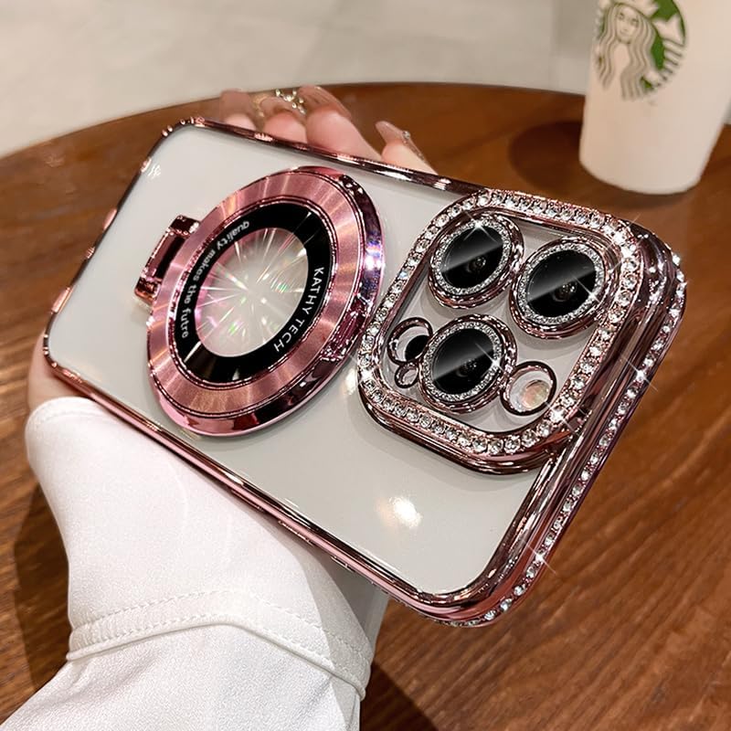 Magnetic Kickstand (Glitter Lens Protector ) Case for iPhone 15 14 13 16 Pro Max (Compatible with Magsafe ) Sparkling Diamond Cover Glitter Shiny Rhinestone Cases (Pink,for iPhone 16)