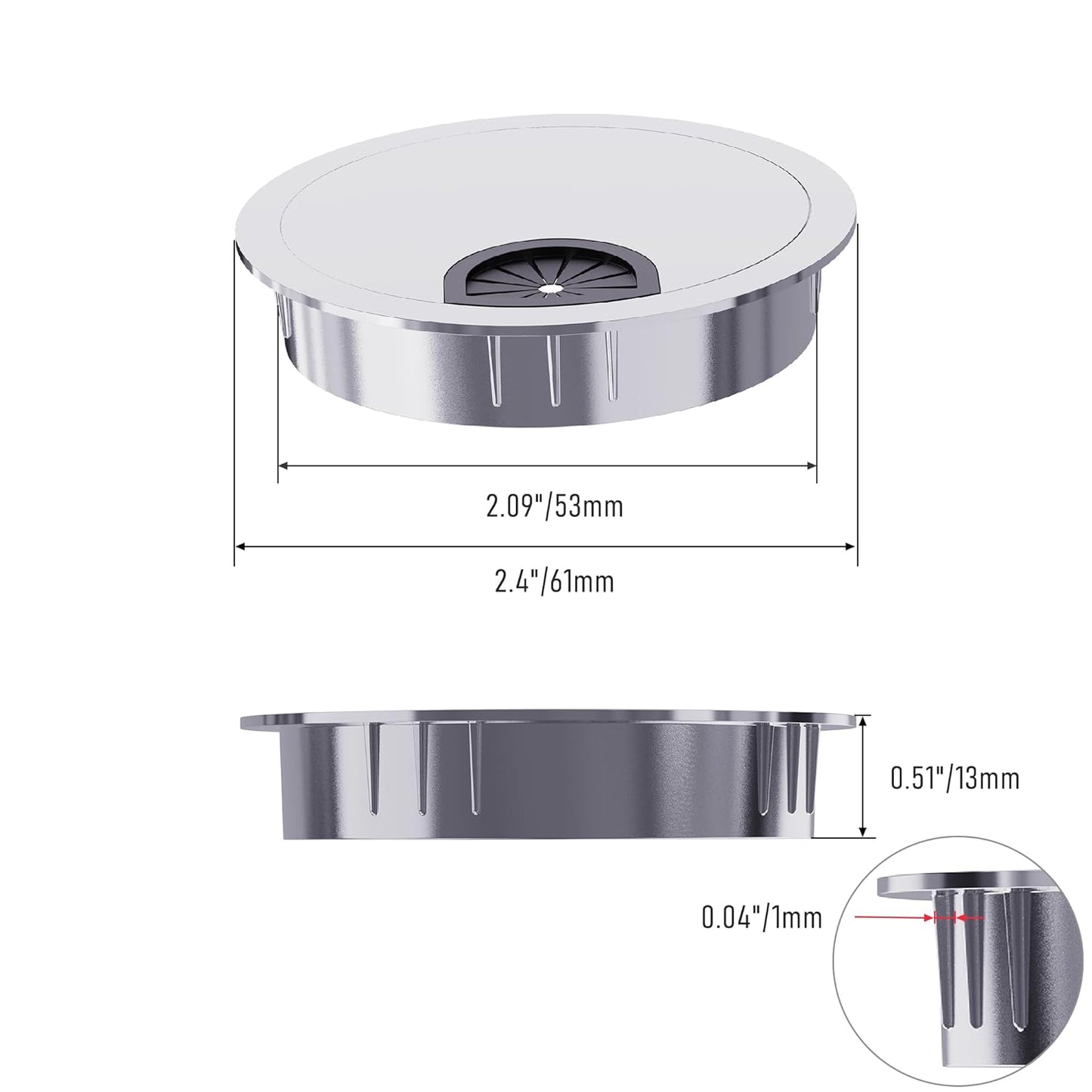 2 Pack Desk Grommet 2-1/8 Inch 53mm, Zinc Alloy Computer Desk Wire Hole Cover, Office Desktop Cord Cable Hole Metal Ring, Silver Tone