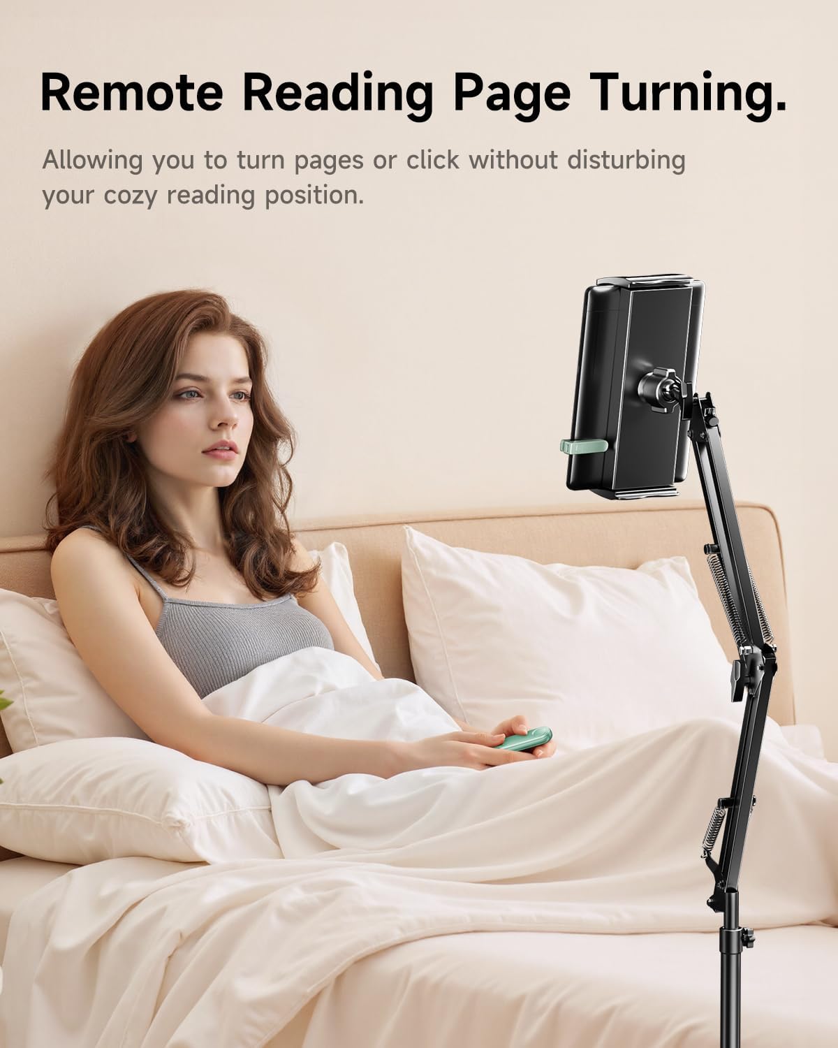 Floor Stand for Kindle with Remote Page Turner, Holder Stand for Reading in Bed with Clicker – for Kindle Paperwhite, Oasis,Tablet, iPhone and More 4.7-11 inch,Green Remote