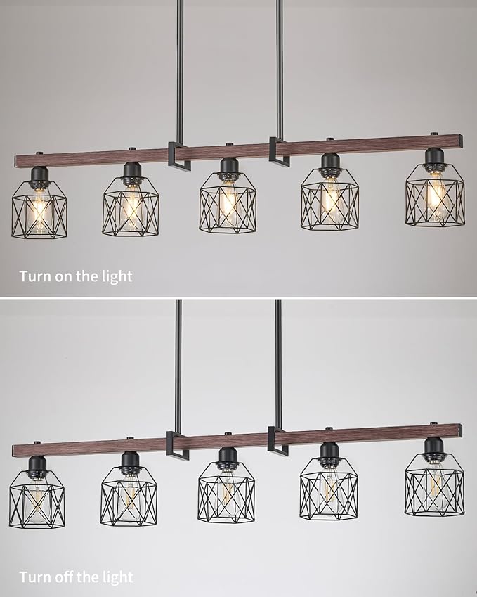 5-Light Industrial Farmhouse Chandelier with Wood Grain Bar and Black Metal Cage – Rustic Hanging Ceiling Lamp for Kitchen Island, Dining Room, and Living Room