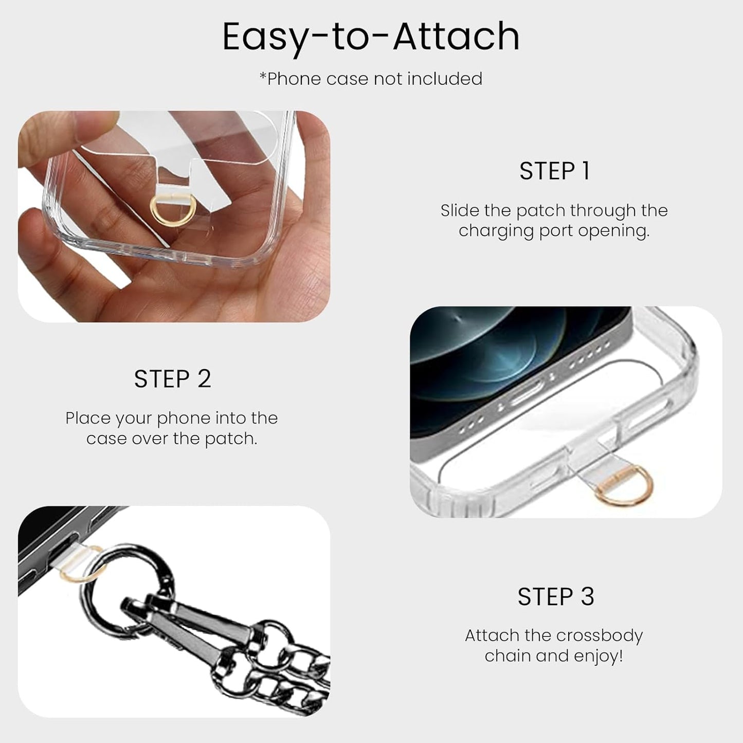 Clip and Go Strap for Phone Gun Metal Chain with Black Pouch Wallet Crossbody Phone Lanyard for Women with Cell Phone Stand Holder 2 Patches Tether Adjustable Anti Theft for iPhone 16 15 14 All Phones