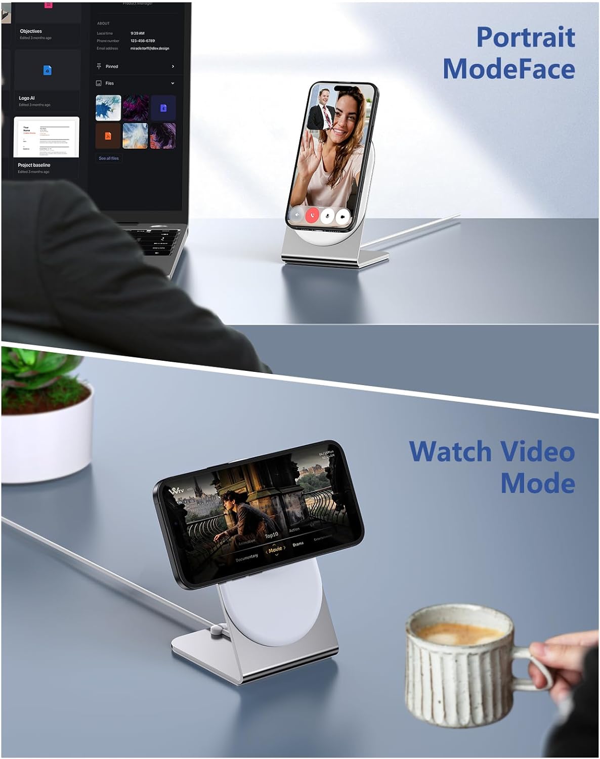 Magnetic Wireless Charger Stand Certified 15W Fast Mag-Safe Charger with Sleep-Friendly Indicator Light for iPhone 16/15/14/13/12 Series Convertible Magnet Wireless Charging Station/Pad for AirPods