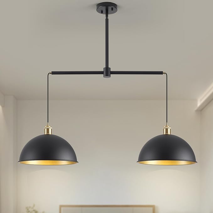 Farmhouse Black Pendant Light with 2-Lights, 11.81" Dome Pendant Lights Fixtures Modern Adjustable Hanging Lighting for Kitchen Island Dining Room and Foyer