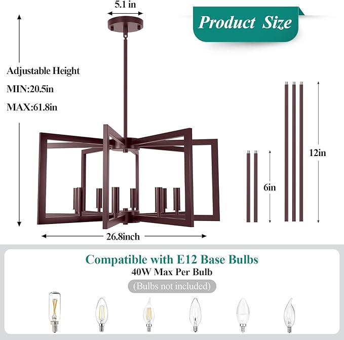 8-Light Oil-Rubbed Bronze Chandelier, Farmhouse Dining Room Light Fixture, Modern Chandelier, Geometric Industrial Metal Hang Lighting Fixture for Foyer Entryway Kitchen Over Table Hallway Living Room