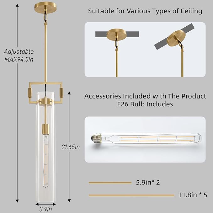 Modern Gold Glass Pendant Light: Knurled Brass Pendant Lights Kitchen Island Set of 2 - Minimalist Pendants Lighting Fixtures with Long Tube - Dimmable Hanging Light Fixture over Table Bulb included