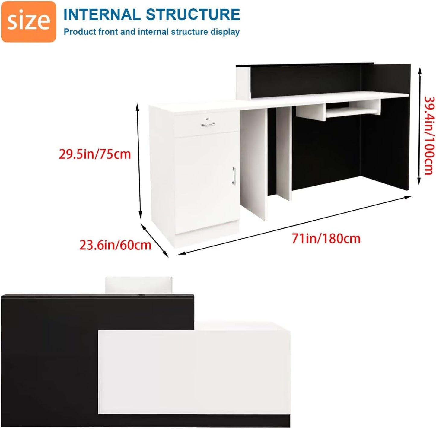 Reception Desk with Counter Modern Checkout Counter with Lockable Drawer Keyboard Tray Receptionist Desk for Office Salon Reception Table I Left 71inch/180cm