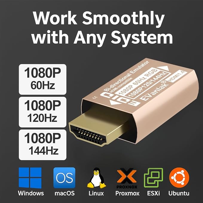 EVanlak HDMI EDID Emulator Adapter Dummy Plug, Virtual Display Headless Ghost HDMI Passthrough 1920x1080@60Hz to 144Hz, Bi-Directional Design, Supports VRR & 8CH Audio,Gold -1P