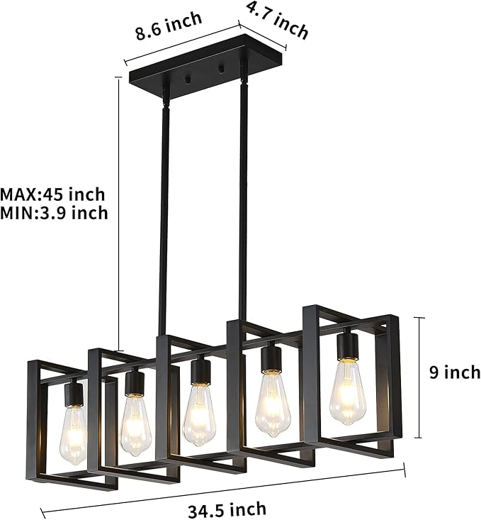 34.5 INCH Kitchen Island Chandeliers for Dining Rooms, Pendant Lighting Hanging Light Fixture Matte Black 5-Light Farmhouse Pendant Lightsfor Kitchen Island