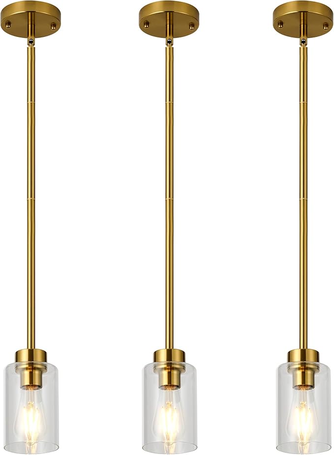 Brass Pendant Lights Kitchen Island 3 Pack, Farmhouse Gold Pendant Light with Clear Glass Shade, Kitchen Island Lighting for Dining Room Entrywa