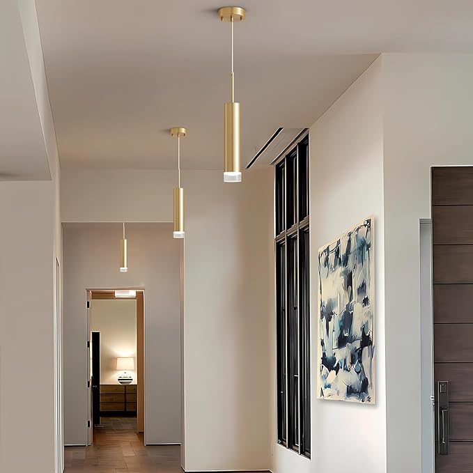 KCO Lighting Industrial Gold LED Long Tube Pendant Light Mid Century Modern Bushed Brass Mini Cylinder Pendent Lights Kitchen Island Small Hanging Ceiling Light Fixtures 3 Pack