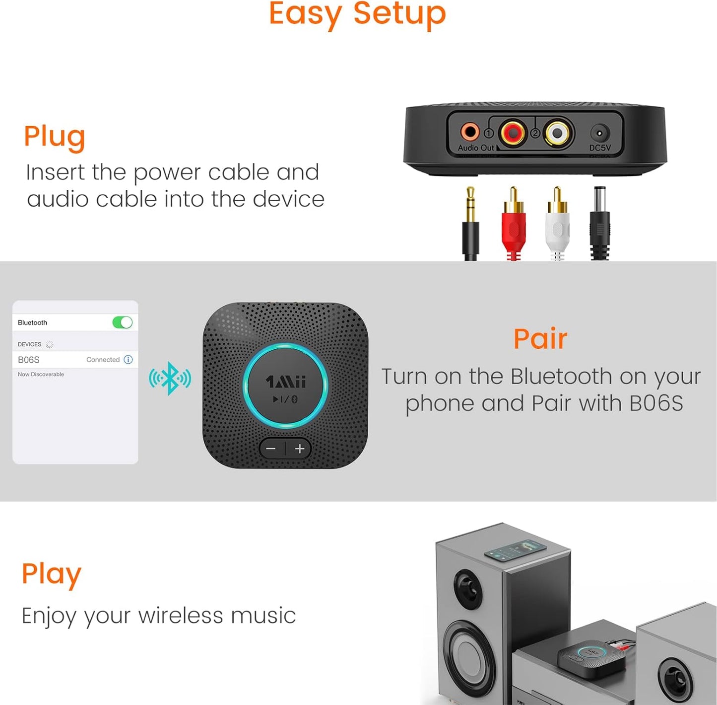 1Mii B06S Bluetooth 5.2 Receiver for Music Streaming System, Hi-Fi Wireless Audio Adapter for Stereo Receiver w/aptX HD aptX Low Latency, Bluetooth Receiver w/Volume Control RCA/3.5mm Outputs