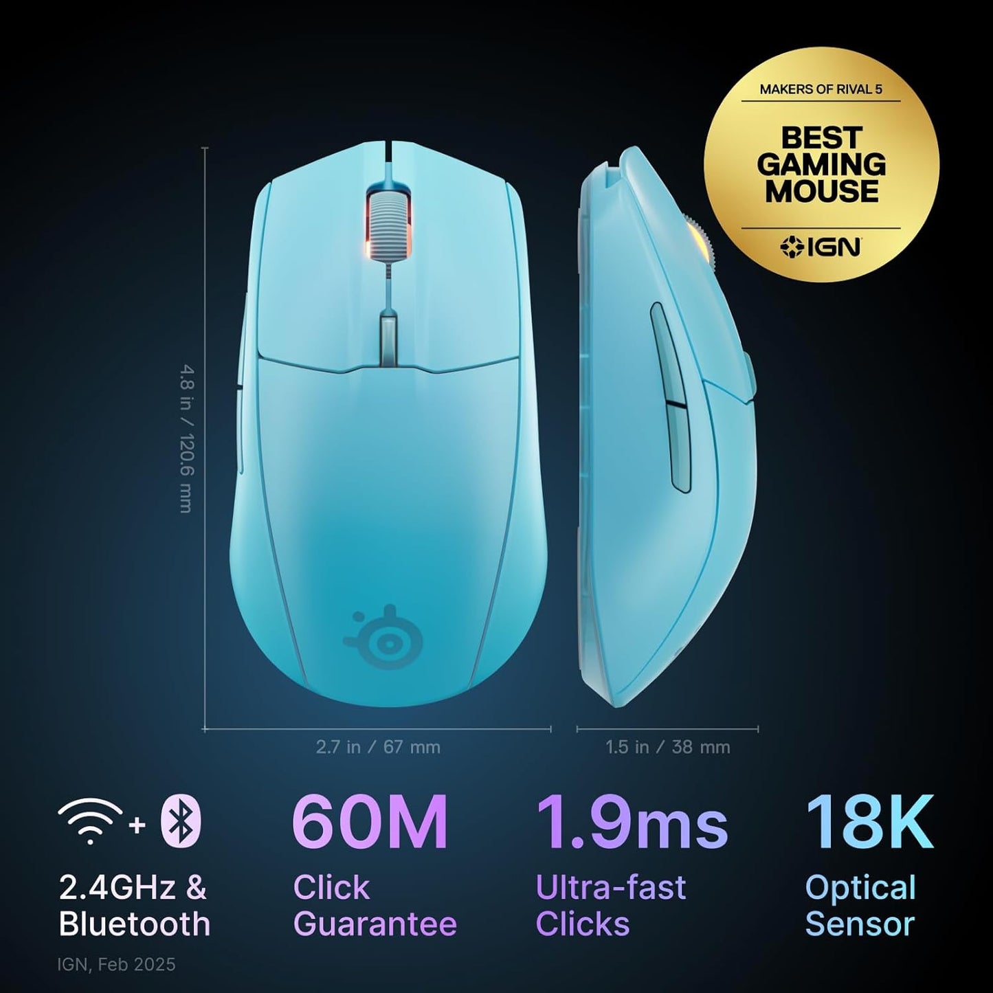 SteelSeries Rival 3 Wireless Gen 2 Gaming Mouse — 2.4GHz and Bluetooth — 18000 DPI TrueMove Air Optical Sensor — 60 Million Click Durability — Light-Weight — 100% PTFE Feet — Aqua