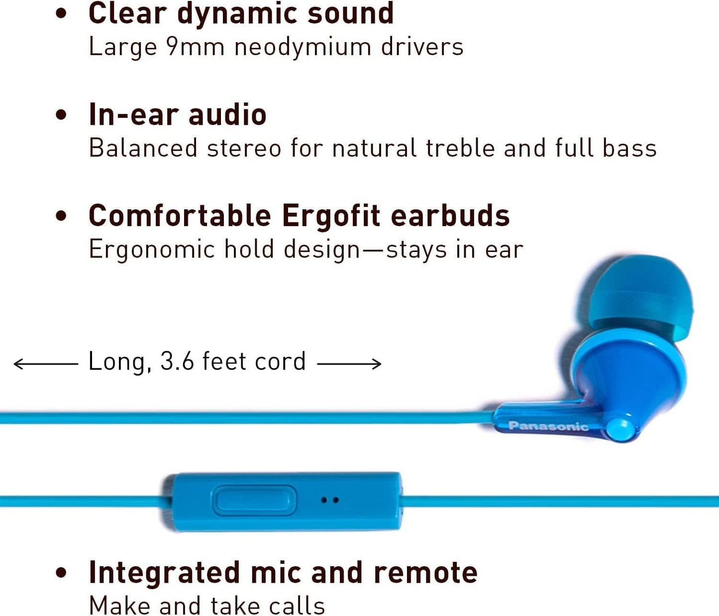 Panasonic ErgoFit Wired Earbuds With Microphone, 3.5mm Jack Wired Headphones with Mic and Call Controller, Ergonomic Custom-Fit Earpieces (S/M/L), for Phones and Laptops - RP-TCM125-A (Blue)