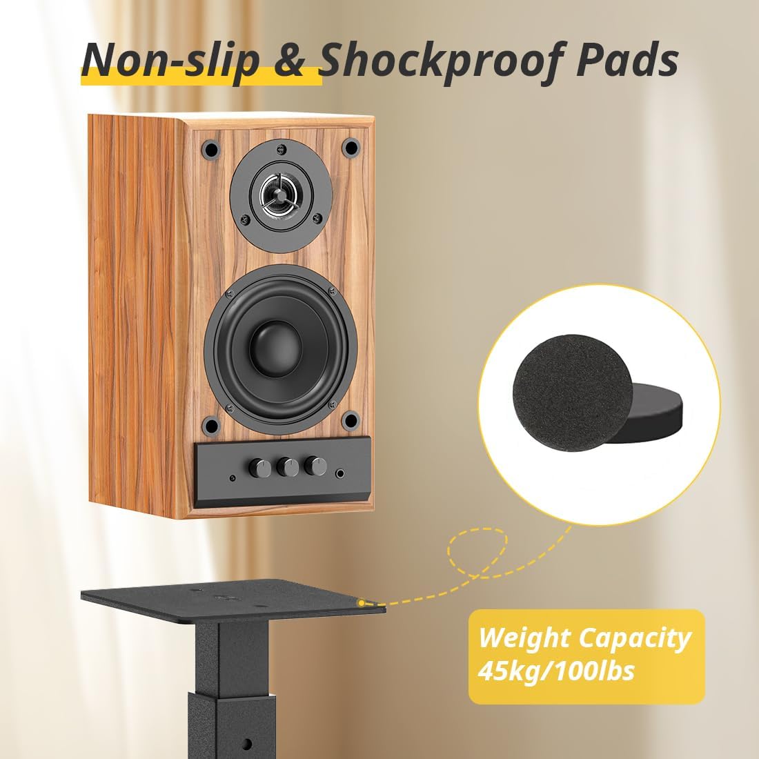 Adjustable Bookshelf Speaker Stands Pair, 20-27.5 Inch All-Metal Heavy Duty Holds 100lbs Universal for Surround Sound with Cable Management