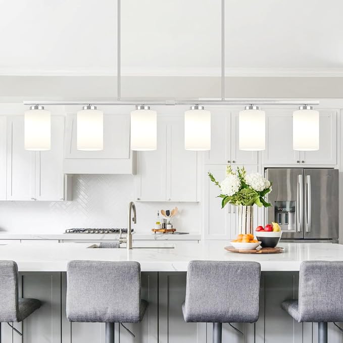 6-Light Kitchen Island Lighting, Brushed Nickel Dining Room Light Fixtures Over Table, Modern Farmhouse Chandeliers with Milky Glass Shade Pendant Light for Dining Room Kitchen Island
