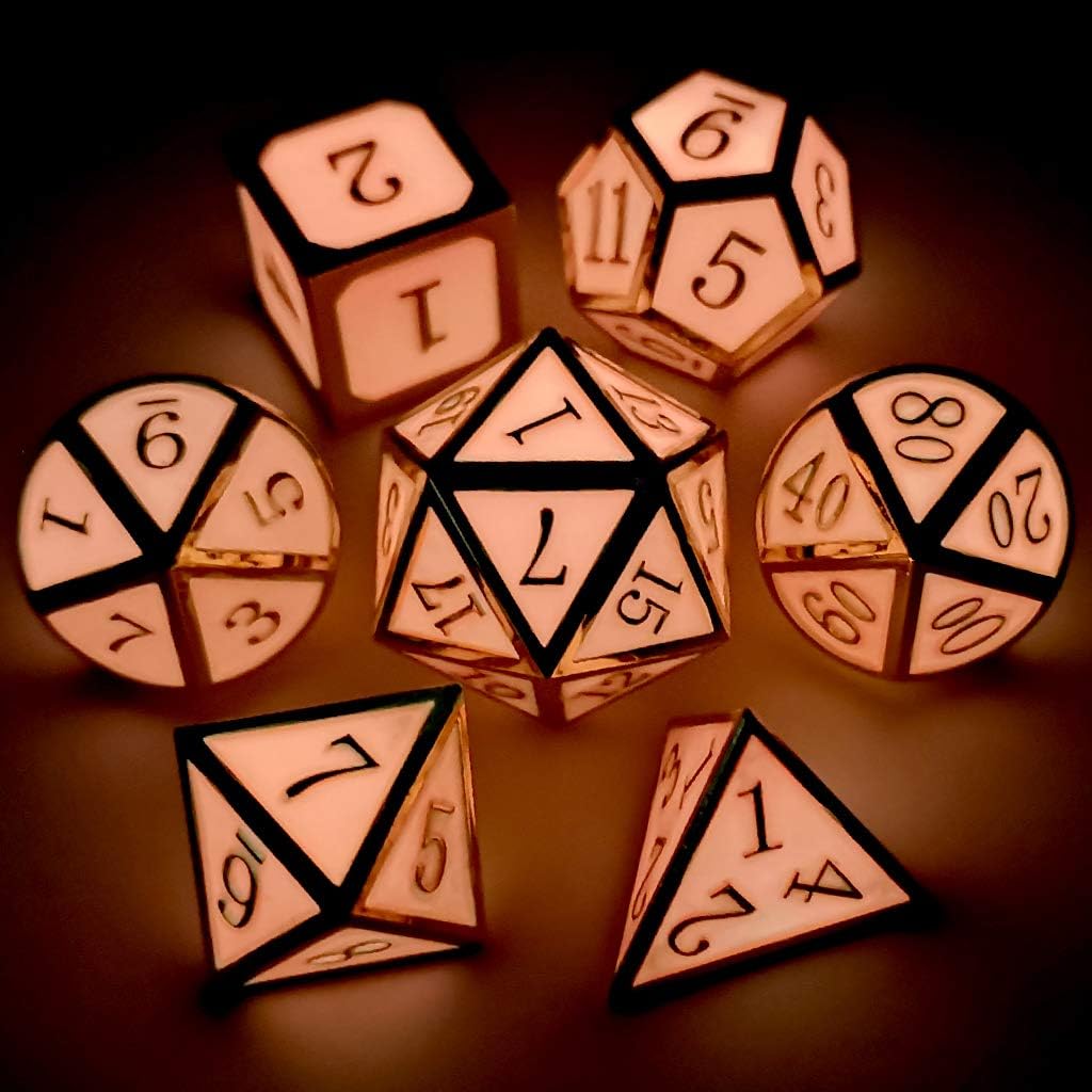 Haxtec Glow in The Dark Metal DND Dice Set Gold Pink D&D Dice Compatible with Dungeons and Dragons-Gold Glowing Red/Cream Pink