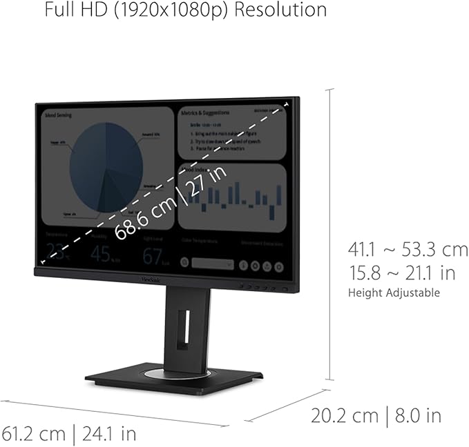 ViewSonic VG2748A 27 Inch IPS 1080p Ergonomic Monitor with Ultra-Thin Bezels, HDMI, DisplayPort, USB, VGA, and 40 Degree Tilt for Home and Office, Black
