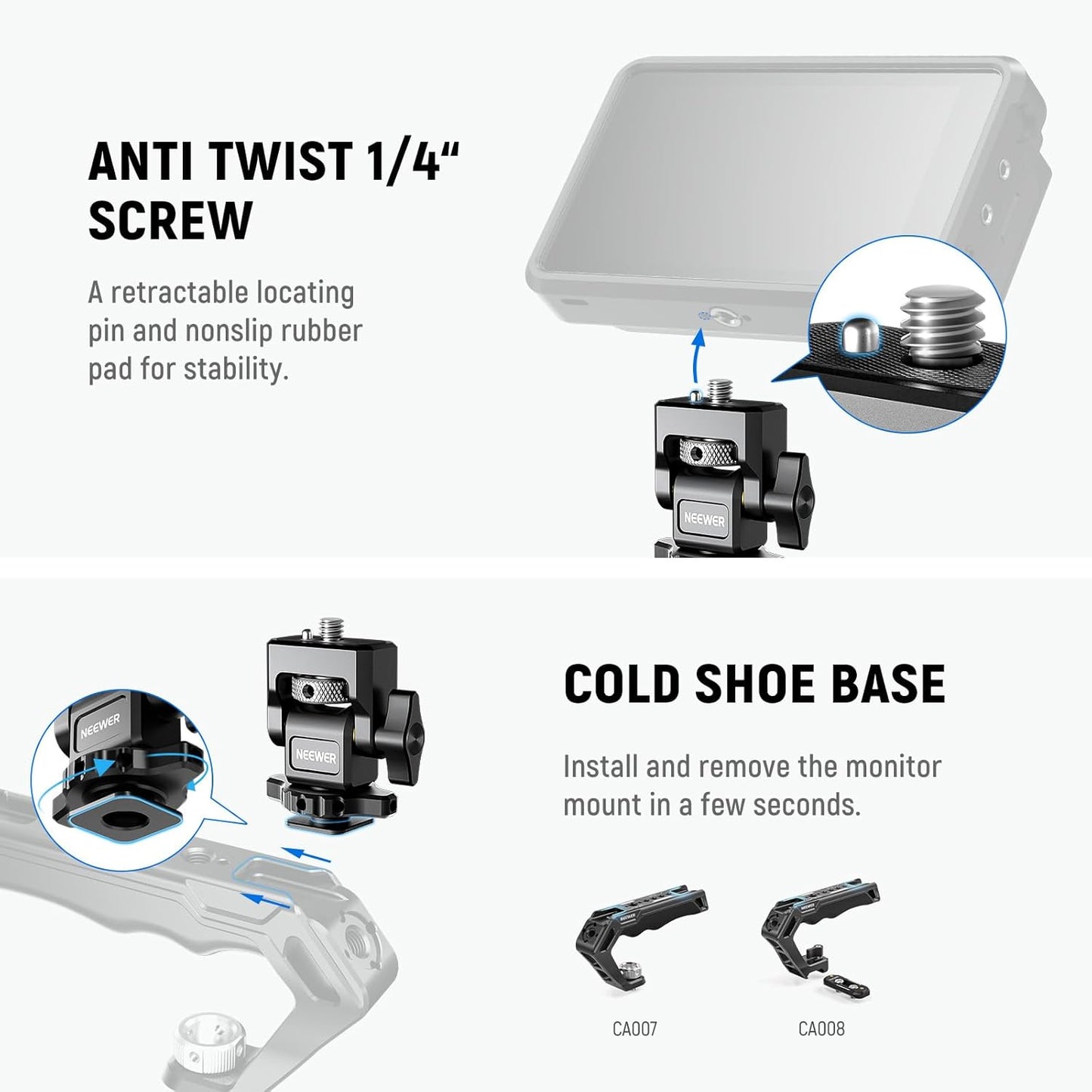NEEWER Camera Monitor Mount with Cold Shoe (2 Pack), Anti Twist 1/4" Screw for 5" & 7" Field Monitor Compatible with Atomos Ninja V, 360° Swivel & 180° Tilt Damping, Compatible with SmallRig, MA006