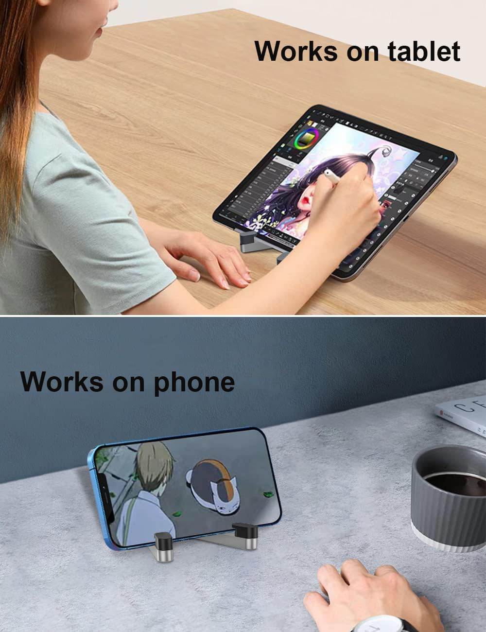 MONEER Cell Phone Stand, Phone Stand for Desk, Foldable & Portable iPhone Stand, Cell Phone Holder Desk Compatible with All Mobile Phone, iPhone, iPad mini, Tablet 4-10.5" (Silver)