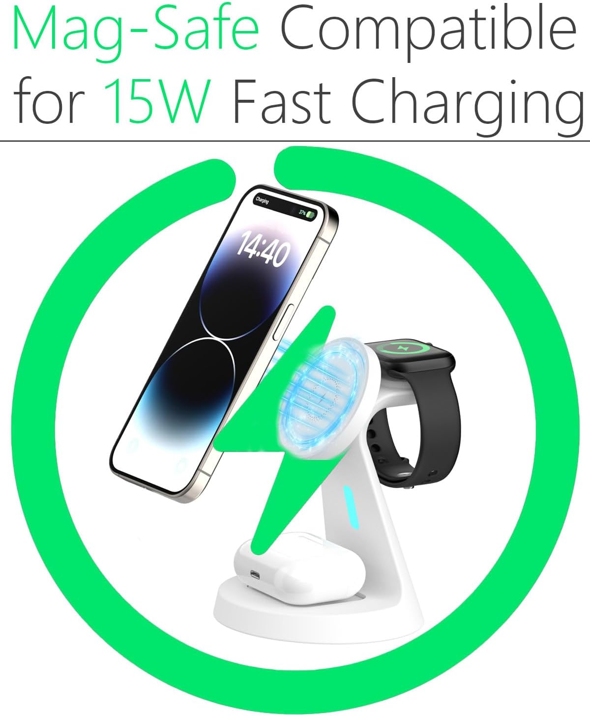 Wireless Charger Compatible with Mag-Safe,3 in 1 Charging Station for iPhone16/15/14/13/12 Series, Apple Watch,AirPods,and More,15W Fast Charging (USB-C Adapter Included)