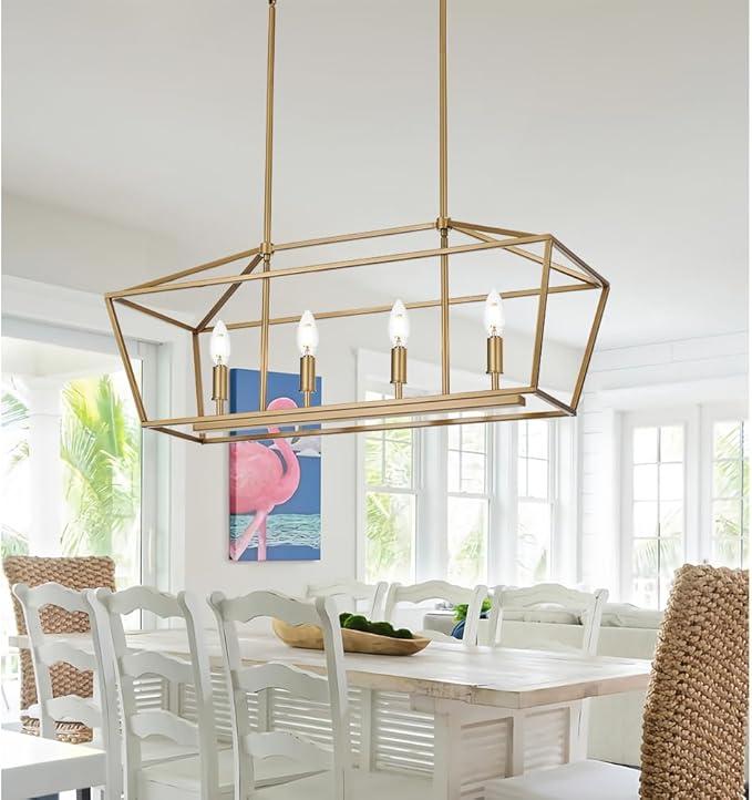 4-Lights Golden Pendant Light Fixtures, Modern Lantern Linear Chandelier with Adjustable Height, Dining Room Ceiling Lighting Hanging for Over Table