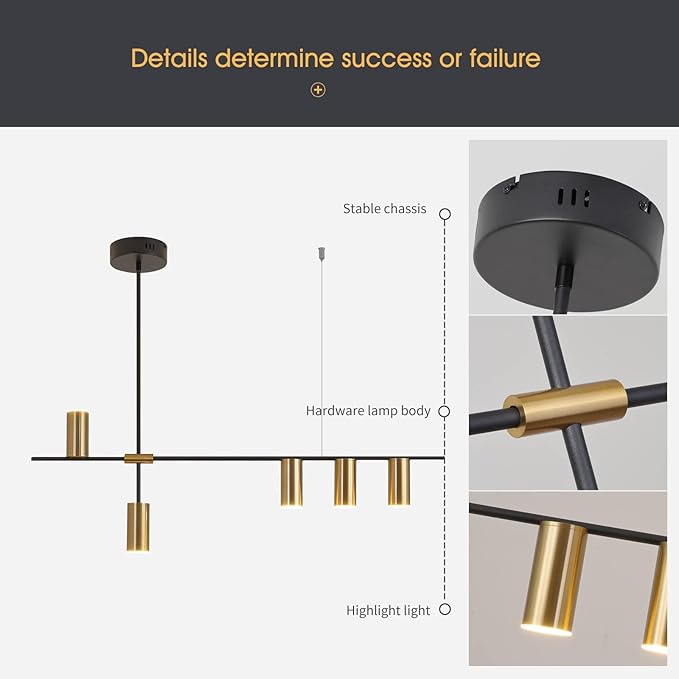 Siittoo Pendant Light Fixtures, Dimmable Modern LED Chandelier Lighting with Spotlights, Adjustable Linear Hanging Pendant Light for Kitchen Island Dining Room Living Room (Black,Gold 30W)