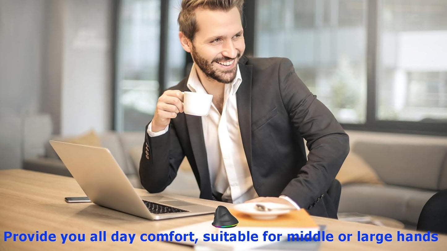 Wireless Mouse Bluetooth Rechargeable Dual Mode Ergonomic Vertical Large Carpal Tunnel Ergo Optical Travel Cordless Mice for PC Laptop Computer Mac iPad Pro MacBook Pro/Air,RGB Light,Side Buttons
