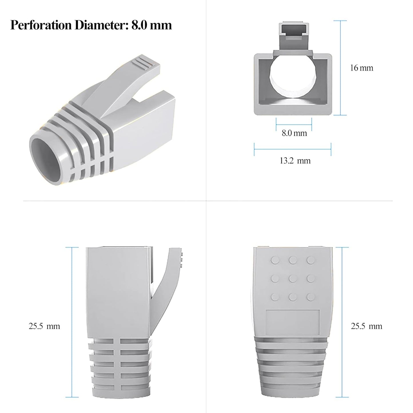 50-Pack RJ45 Boot Cover, Cat6A Cat7 Ethernet Network Cable Strain Relief Boot for 6.5-8.0mm Ethernet Cable (Hole Diameter: 8.0mm, Grey)