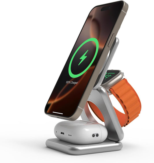 REDBEAN 3in1 Qi2 Wireless Charging Station, Mag-Safe Charger Stand Compatible with iPhone, Apple Watch & AirPods, 25W Foldable Fast Charging Dock, Aluminum Alloy for Multiple Devices, Silver