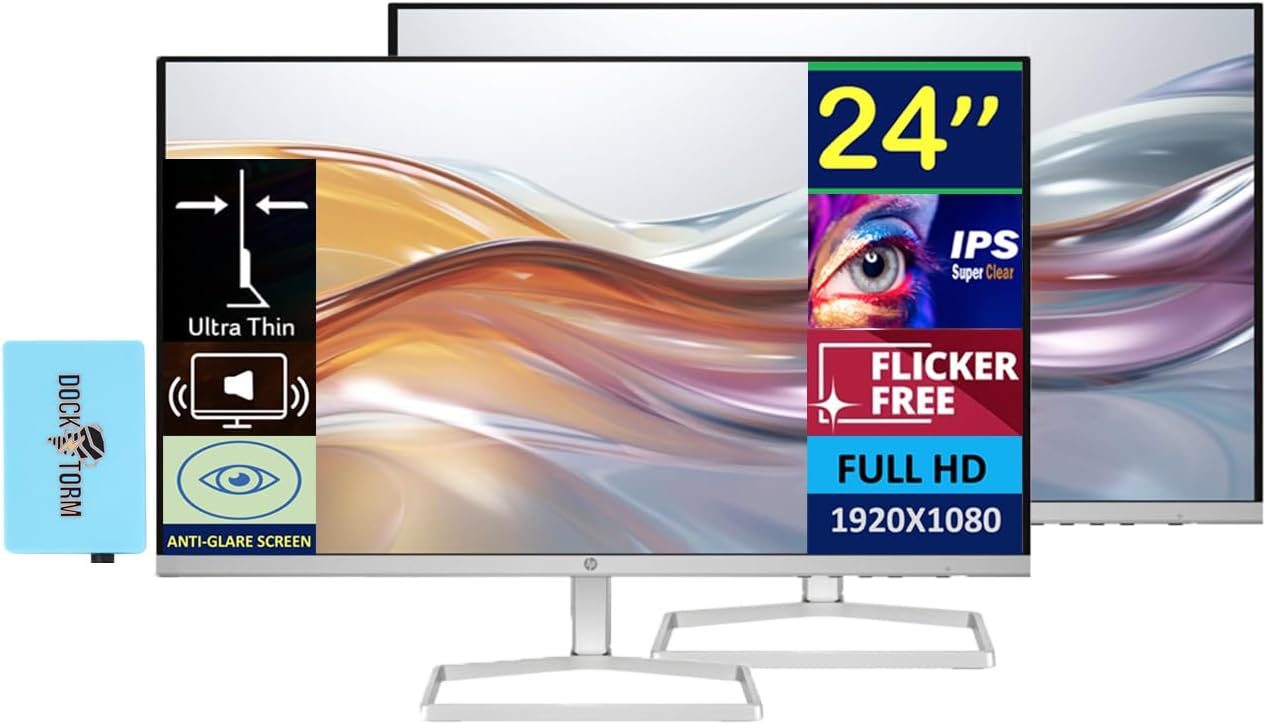 HP Series 5 524sa Monitor with Speakers (Replaces M24fwa) 24" 100Hz IPS FHD 99% sRGB 300 Nits Display, Adjustable Tilt, Flicker-Free, Anti-Glare, White/Silver w/DKZ USB Port Expander (2 Pack)