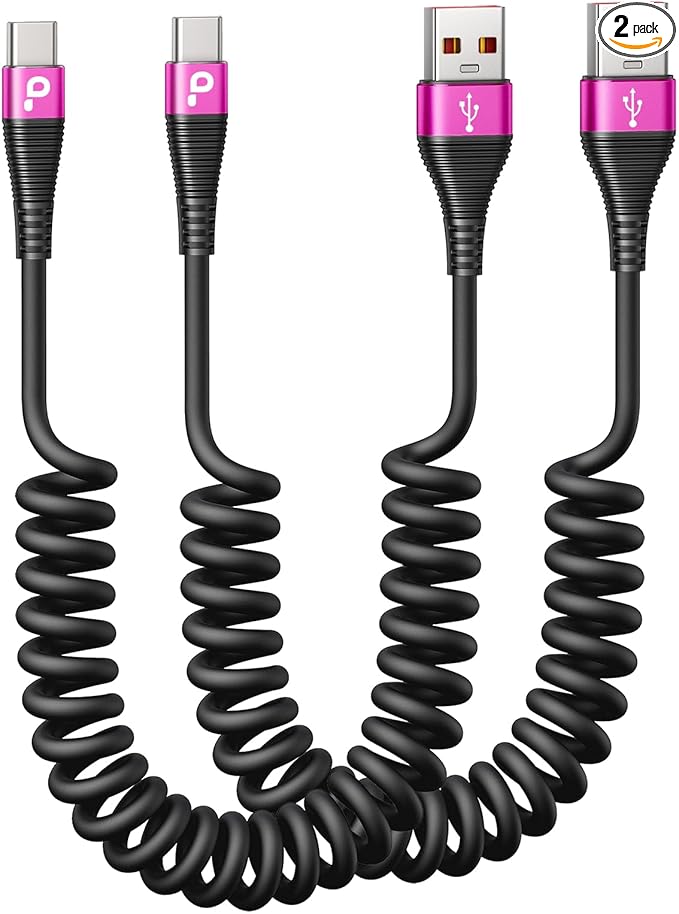 USB C Cable Fast Charging, 2Pack 5ft Coiled USB A to USB C Cable for Car, USB Type C Charger Cord Compatible with iPhone 17/16/15 Pro Max/Samsung Galaxy S20 S10 and More USB C Devices-Rose Red