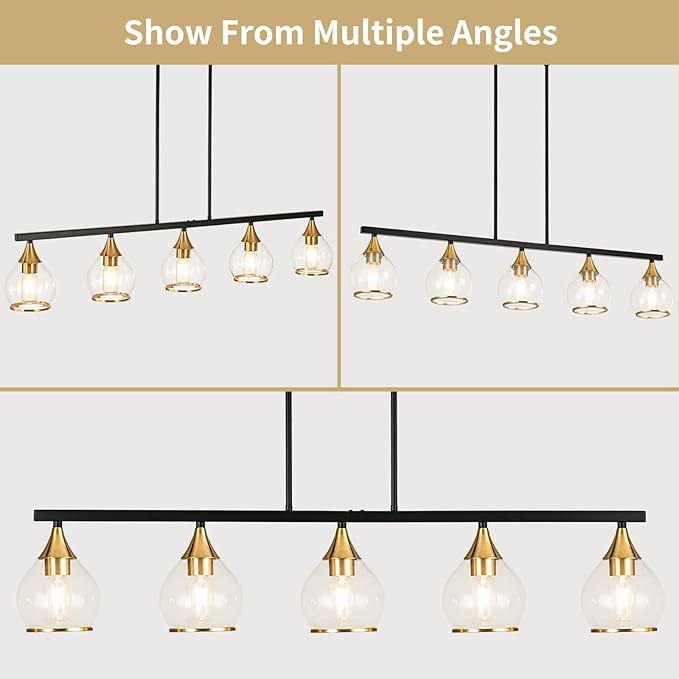 Island Light for Kitchen, 5-Light Black Kitchen Island Linear Hanging Pendant Chandeliers, Black and Gold Dining Room Light Fixture Over Table with Clear Round Glass Shades