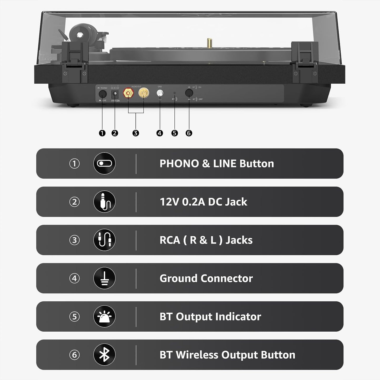 Record Player Wireless Output Turntable Carbon Fiber Tonearm Vinyl Player Aluminium Platter Belt-Drive LP Turn Tables 2 Speed RPM Phono RCA Line Output AT-3600L MM Cartridge Audio Sound Pure Black