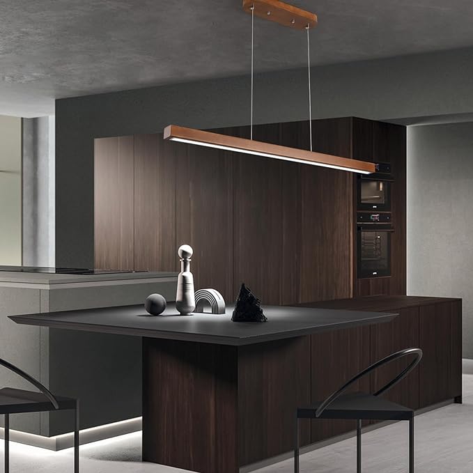 47" Wood Linear Pendant Light Fixtures Modern Led 36w Dimmable Pendant Lighting Ceiling Hanging Lights Wood Linear Chandeliers for Kitchen Island Dining Room Pool Table Walnut Color