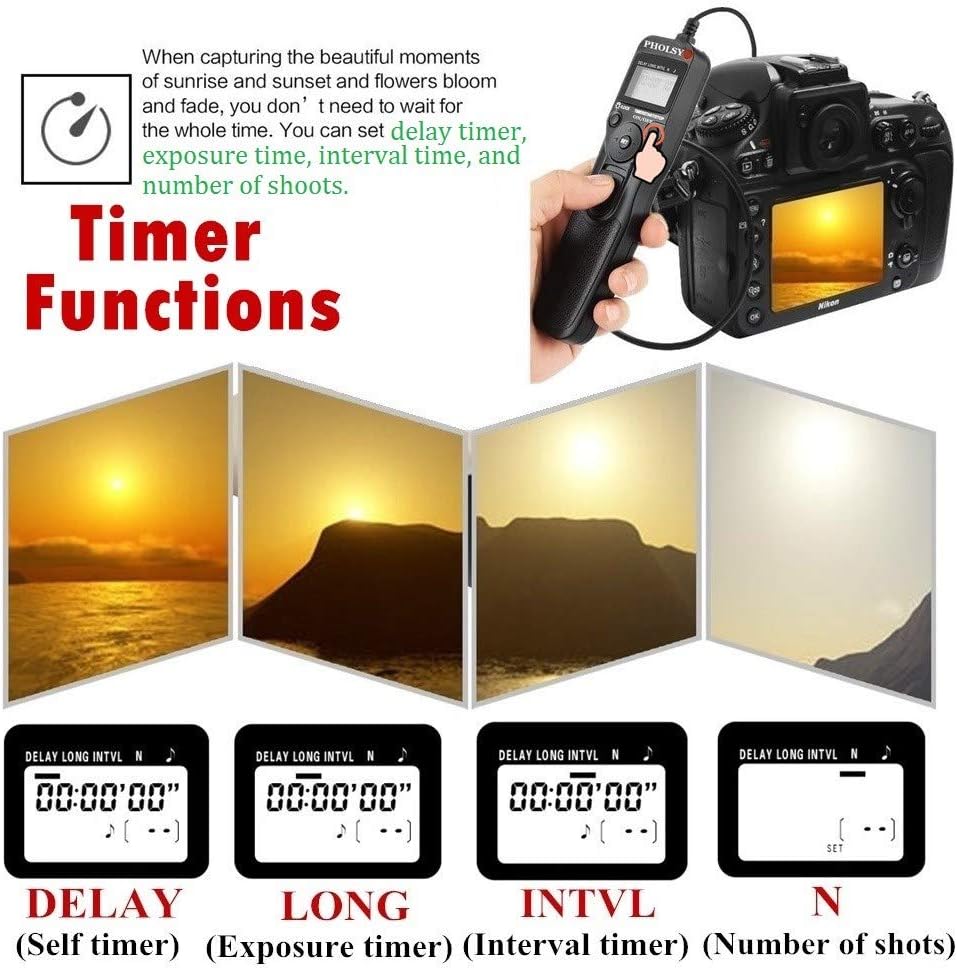 PHOLSY N8 Timer Remote Control Cable with Intervalometer for Nikon Z8, Z9, D3, D4, D5, D6, D800, D850, D810, D700, D500, D300, D200, F6, F100, F5, F90, N90s, D1X, D2H, D3X, Replaces Nikon MC-36A